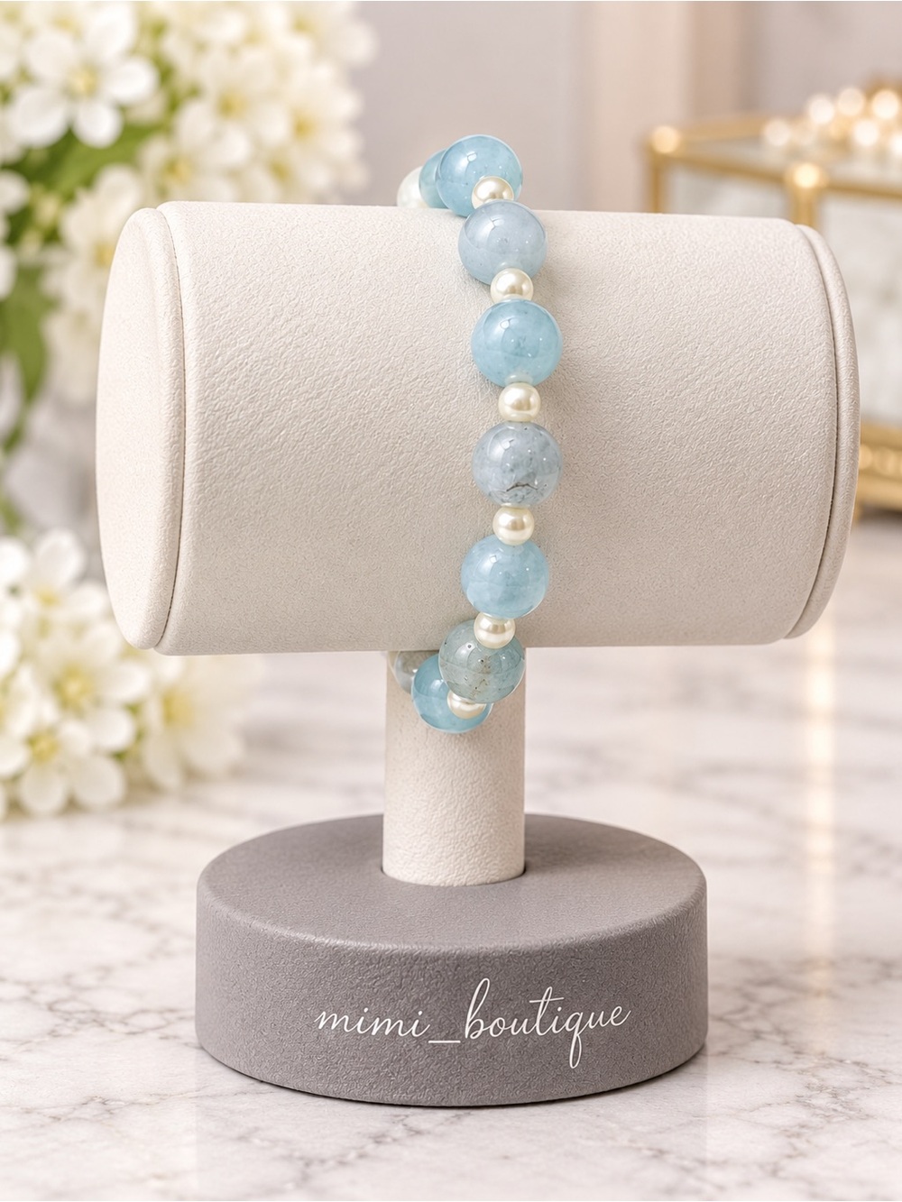 Aquamarine Gemstone Bracelet w/ Swarovski Cream Pearls